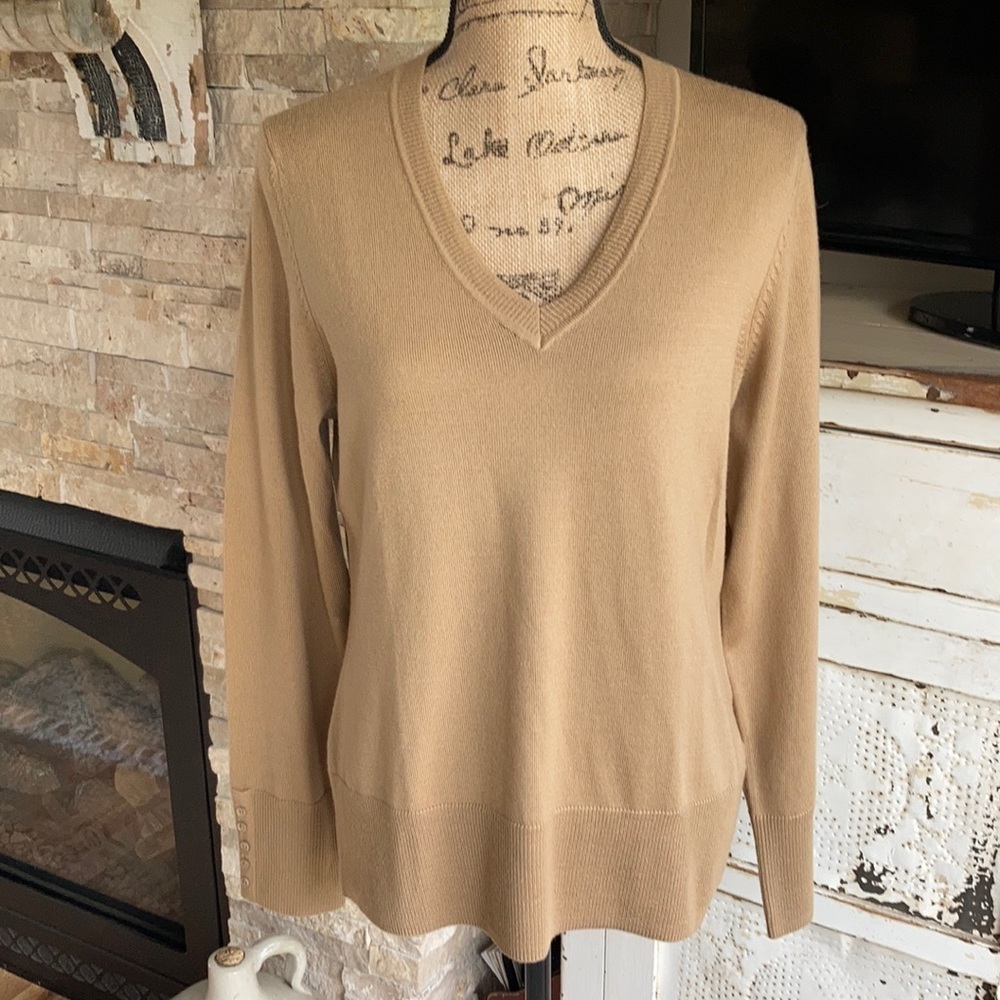 Victor Alfaro 100% wool tan classic v-neck sweater buttons at wrist